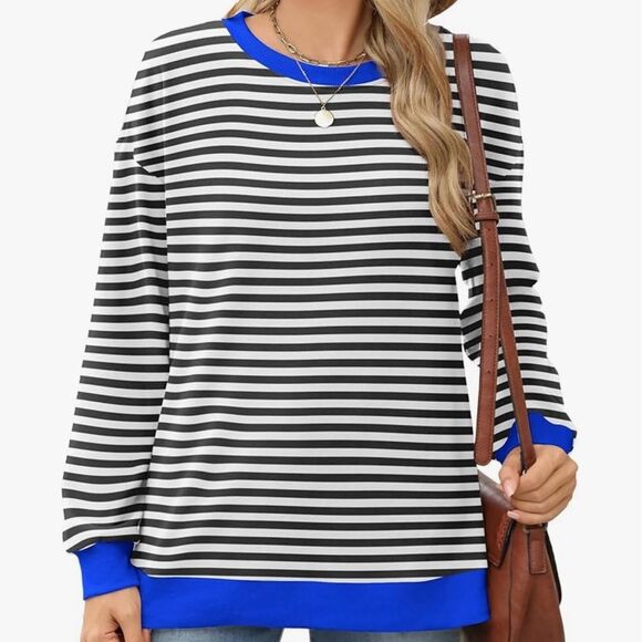 Amazon Tops - ⚫ New Black & White Striped Long Sleeve Top w/ Blue Trim – Size Large